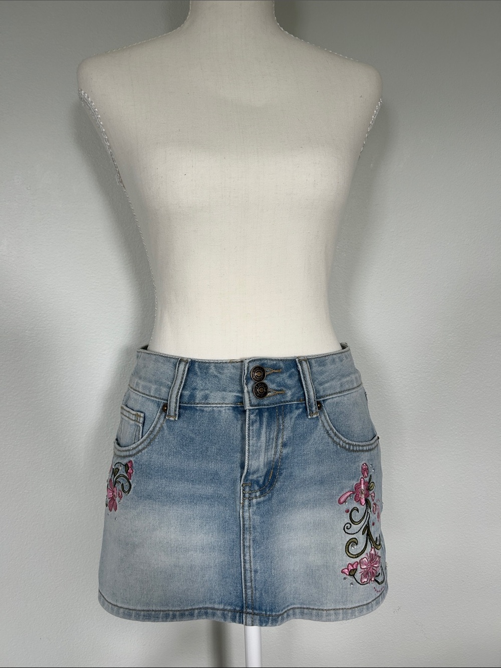 Edikted Light Blue Denim Mini Skirt with Pink Floral Embroidery